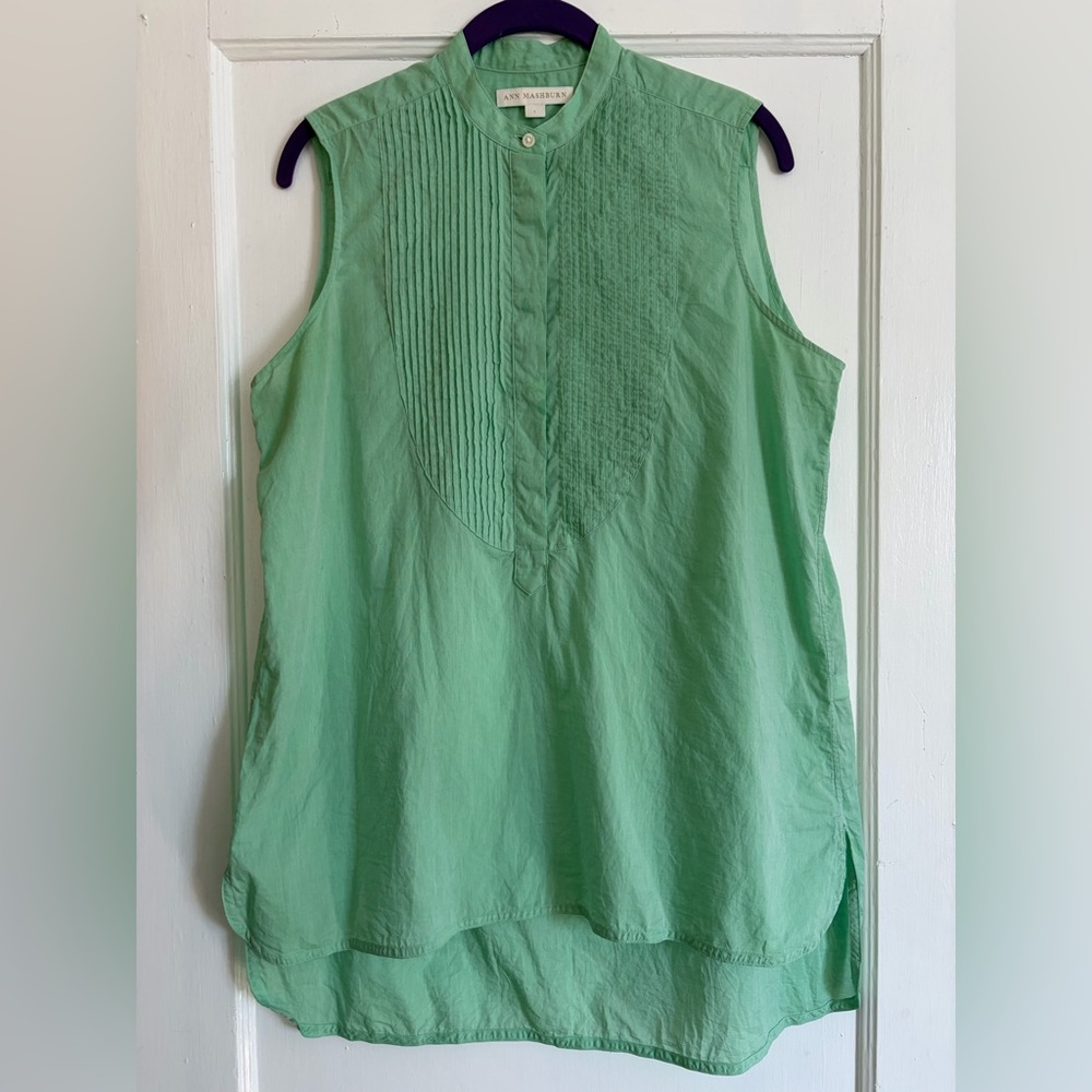 ANN MASHBURN Light Green Sleeveless Pintucked Button Down Blouse Large NWOT